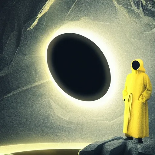 Image similar to award - winning. trending on artstation. cinematic. surreal. 4 k. a person wearing hooded frayed yellow robes and a minimalist steel mask staring while a black hole floats behind them. dark background.