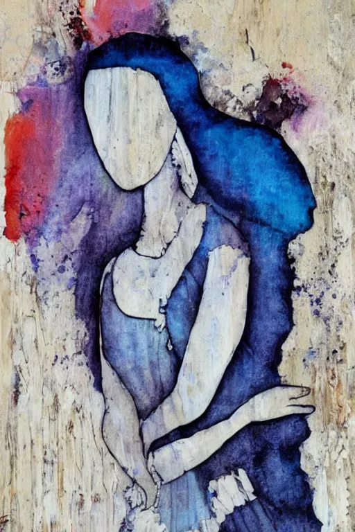 Prompt: woman in a blue dress and white cardigan, portrait, driftwood sculpture, ink wash, ink blot, vivid colors, classical sculpture, on canvas, colored pencils, happy, pop