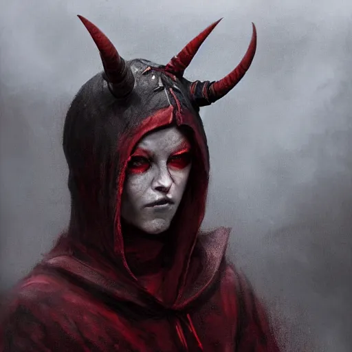 Image similar to masterpiece portrait of a surly and resentful female tiefling thief with red skin wearing a black hooded cloak and a thief's leather garb with horns sticking out of the hood, grumpy body language, by Greg Rutkowski, as seen on ArtStation, 4k, dungeons and dragons, very aesthetic, very detailed, intricate, unreal, fantasy, dramatic, painterly, artstation, sharp focus, smooth