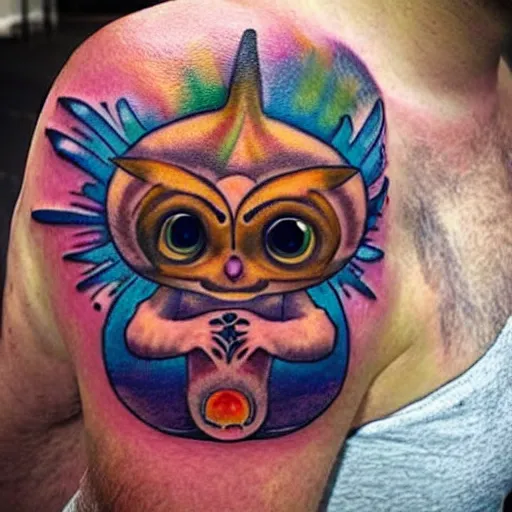 Image similar to shoulder tattoo of a cute bush baby with trippy eyes and glowing multicolored chakra symbols, meditative, insanely integrate