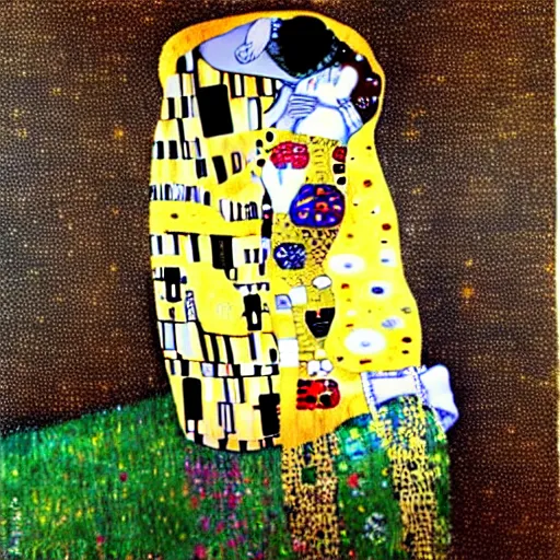 Image similar to The Kiss from Klimt but painted in the style of Vincent Van Gogh, van gogh's Starry night background