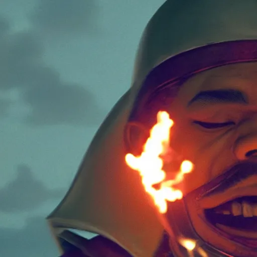 Image similar to cinematic film still of Chance The Rapper starring as a Samurai holding fire, Japanese CGI, VFX, 2022, 40mm lens, shallow depth of field, film photography