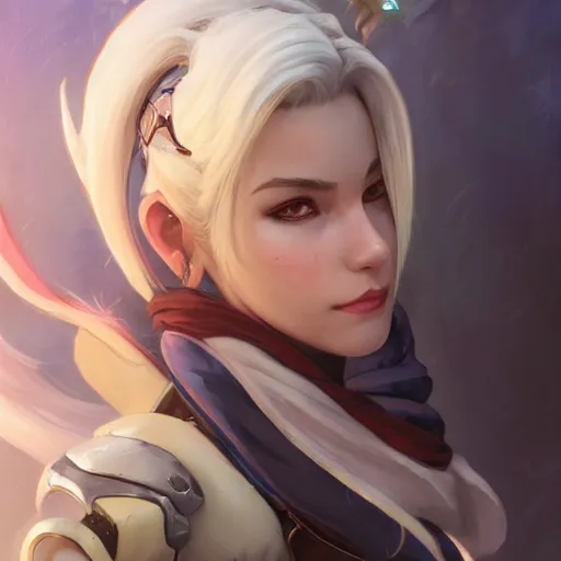 Image similar to Mercy from Overwatch as a cat, D&D, fantasy, intricate, elegant, highly detailed, digital painting, artstation, concept art, matte, sharp focus, illustration, hearthstone, art by Artgerm and Greg Rutkowski and Alphonse Mucha