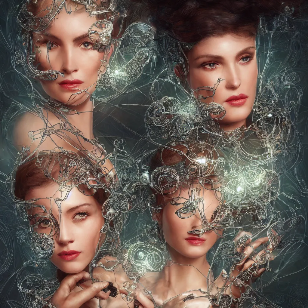 Image similar to very seductive woman integrating with technology, full face, insipiring, detailed intricate ornate cables connected to head, big open electric eyes, luxurious detailed abundent wiring and implants, diamonds, sci-fi, neon, emeralds, detailed technology full background, highly detailed, artstation, Rene Lalique and Eddie Mendoza and Gil Elvgren