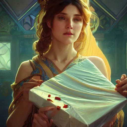 Image similar to a fortune teller holding a wrapped birthday gift with a confused look on their face, art by artgerm and greg rutkowski and alphonse mucha, concept art, octane render, unreal engine 5, highly detailed, high quality, 8 k, soft lighting, realistic face, path traced