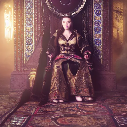 Image similar to the elder scrolls vi, charismatic regal brunette female jarl, portrait, throne room, atmospheric lighting, painted, intricate, volumetric lighting, beautiful, daytime, sunny weather, slight overcast, sharp focus, deep colours, ultra detailed, by leesha hannigan, ross tran, thierry doizon, kai carpenter, ignacio fernandez rios