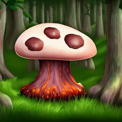 Prompt: digital art of a fantasy mushroom monster with sharp teeth lurking in the woods, dynamic lighting, photorealistic, art station