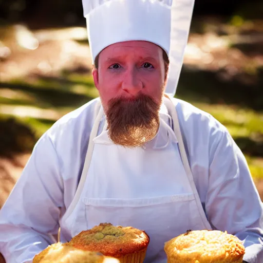 Image similar to real life photo of the Swedish chef from the muffins, portrait, photography, 200mm, lens flare, bokeh