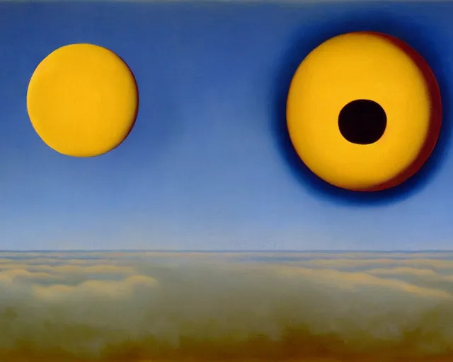 Image similar to magritte painting. the sun has a face with many eyes and teeth. seen through the fog