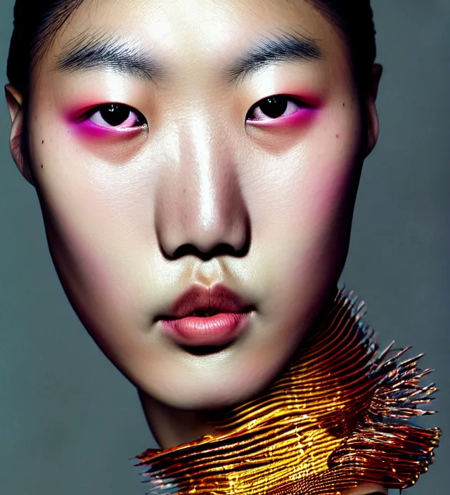 Image similar to photography facial portrait of liu wen, natural background, natural pose, wearing stunning cape by iris van herpen, with a colorfull makeup. highly detailed, skin grain detail, photography by paolo roversi, nick knight, helmut newton, avedon, araki