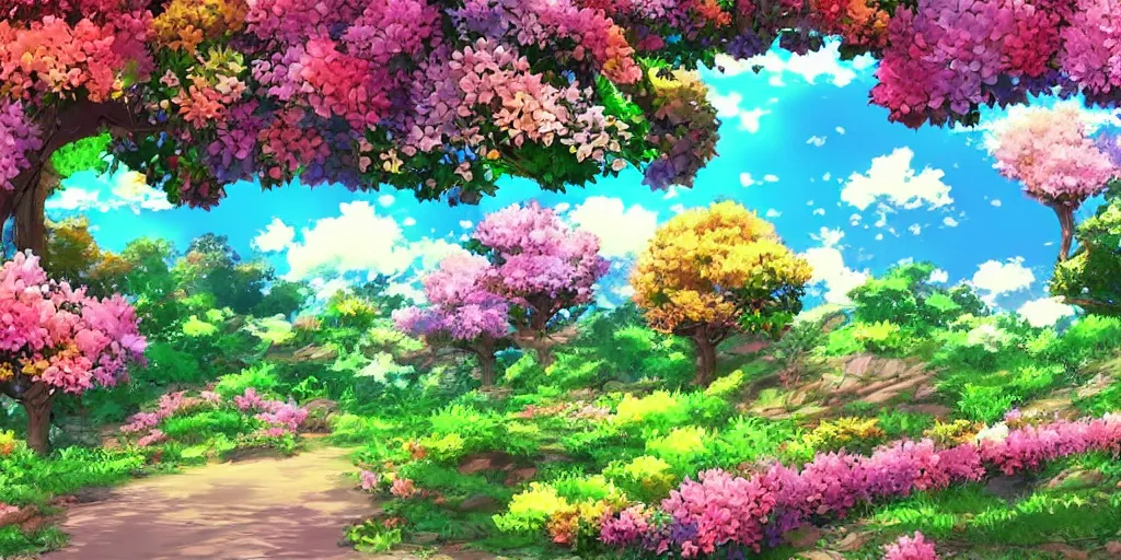 Prompt: a !!!!beautiful landscape of multi coloured flowers, trees and bushes. Anime style.