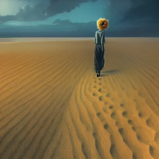 Image similar to portrait, giant dahlia flower head, girl walking between dunes, surreal photography, sunrise, blue sky, dramatic light, impressionist painting, digital painting, artstation, simon stalenhag