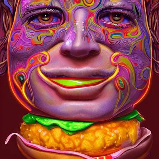 Prompt: An extremely psychedelic portrait of McDonalds, surreal, LSD, face, detailed, intricate, elegant, lithe, highly detailed, digital painting, artstation, concept art, smooth, sharp focus, illustration