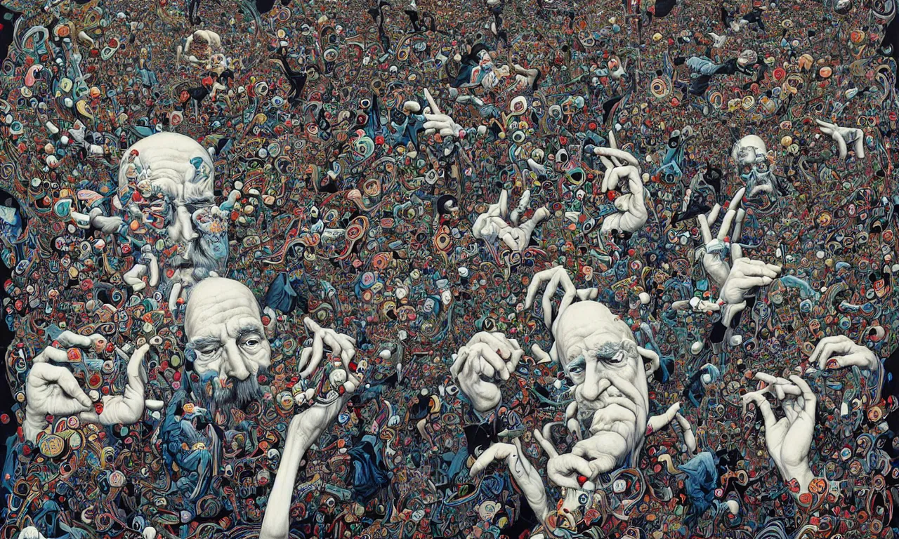 Image similar to conference at modern day uno headquarters, news segment, cnn, meeting of philosophers, a lot of old white men with big beards speaking about the soul, the infinite, and the nature of existence, painting by james jean