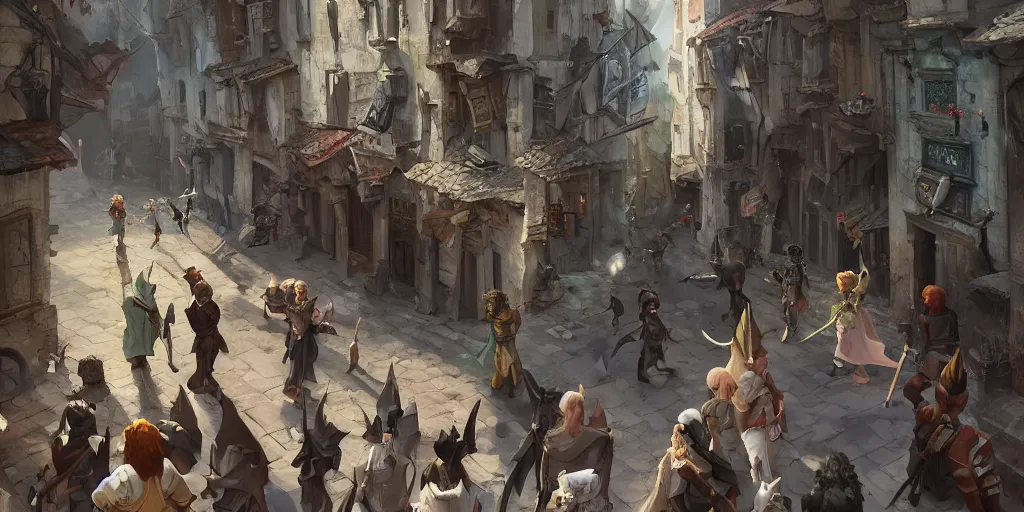 Prompt: an exciting fantasy street battle within a fascinating old city, photo-real characters, narrow streets, old buildings, by Sylvain Sarrailh, cinematic, simple but effective composition, clean lines, beautiful digital painting, oil painting, ultra photo-real render, great character design, dungeons and dragons, lord of the rings, close up characters, fantasy races