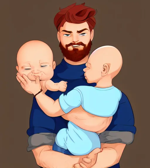 Prompt: a father with short red hair, a short red beard and blue eyes and a chubby face hold his infant baby boy with bald brown hair full color digital illustration in the style of don bluth, artgerm, artstation trending, 4 k