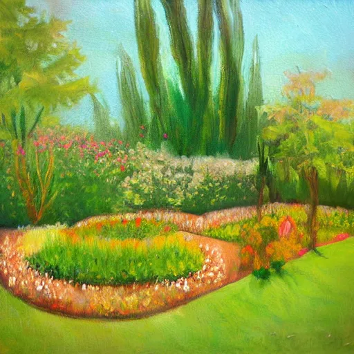 Prompt: A soft painting of a warm garden