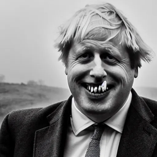 Image similar to Boris Johnson with a wide grin standing on a hill with a dead bodies in the background, black and white, creepy lighting, foggy atmosphere, scary, horror, ornate, eerie, fear