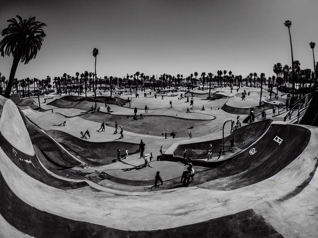 Image similar to “A black and white fisheye photo of Venice beach skate park”