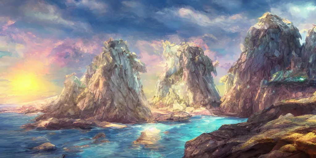 Image similar to salt covered islands surrounded by sheer colourful quartz cliffs, illustration, bright sunlight, sun glints, sunrays, digital art, oil painting, fantasy, 8 k, trending on artstation, detailed