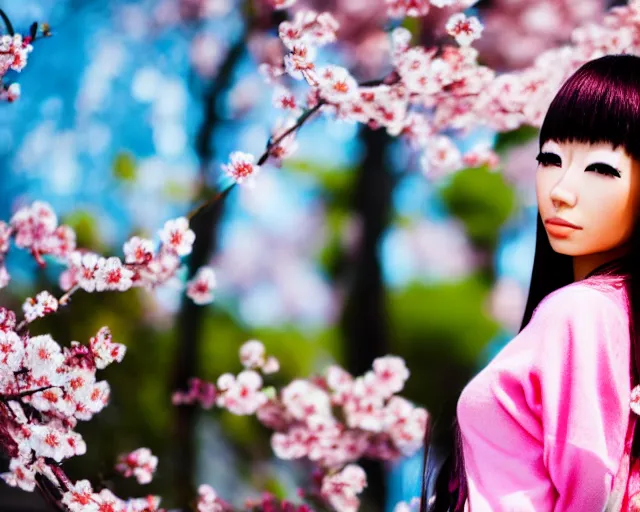 Prompt: portrait of an japanese gyaru with beautiful face and modern clothes, sakura blooming in the background, bokeh, depth of field