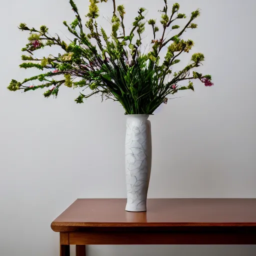 Prompt: a photo of 8k Ikebana in flower vase, sougetsu, wide angle, full body, sony a7r3, ultra detail, photorealistic, in simple background