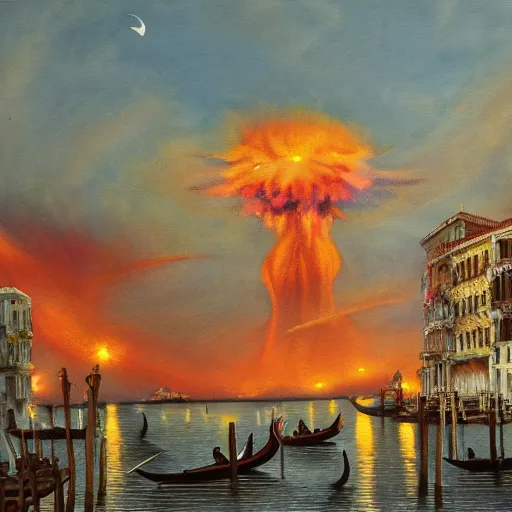 Image similar to a 1 8 th painting of a nuclear explosion in venice