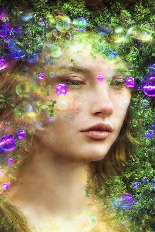 Image similar to elaborately detailed close up portrait of an extremely beautiful girl surrounded by vines, flowers, an eerie mist and ethereal rainbow bubbles, Aetherpunk, high fantasy matte painting, concept art, smooth, sharp focus, atmospheric lighting, highly detailed illustration highlights, backlight, golden ratio, 8K detail post-processing, award winning picture, sense of awe, featured on DeviantArt, fantasy matte painting movie poster, trending on cgsociety, intricate, majestic, dark epic fantasy, highly detailed, cinematic quality character render, ultra high quality model, production quality cinema mode