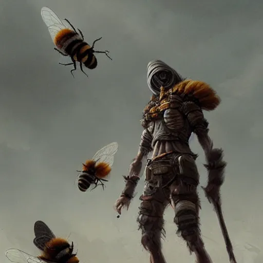 Image similar to a skinny Hunter from Stone Age surrounded by bees Greg Rutkowski and Raymond Swanland, Trending on Artstation, cloudy background, ultra realistic digital art