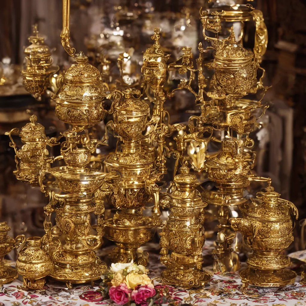 Prompt: mid-distance slight overhead product view of ornate Russian samovar on a table with candles, fruit and flower arrangements, photorealism, metal reflections, DSLR, 20mm lens, professional photography, elite, luxury, five-star, Michelin, photographic, CG Society, deep focus, extreme detail, razor sharp