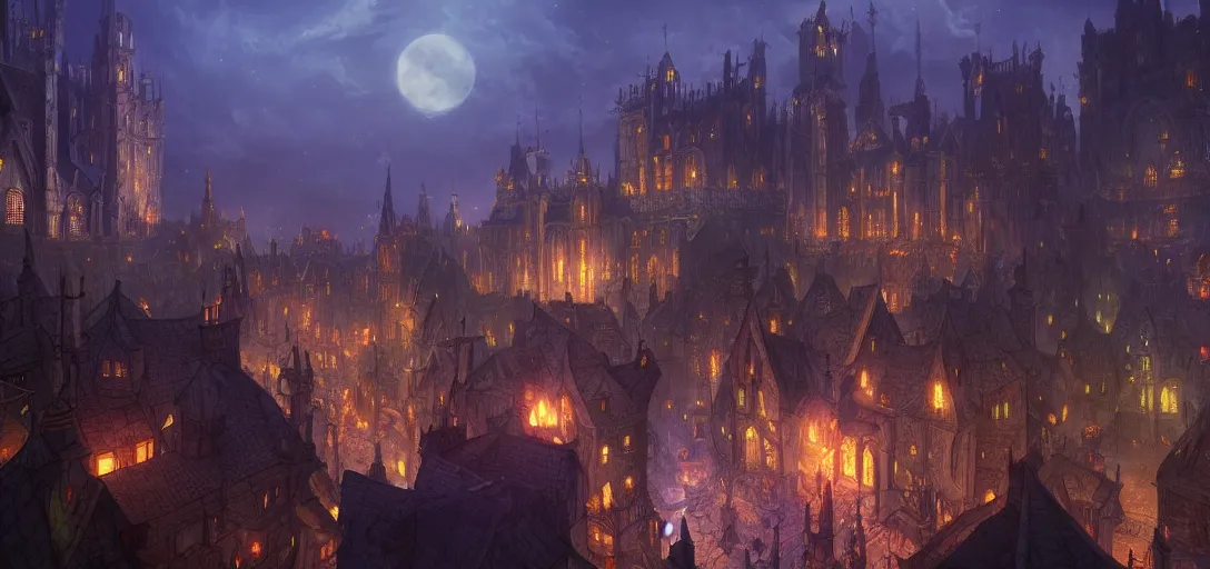 Prompt: fantasy medieval city at night from the ground, accurate ray tracing, ambient occlusion, unreal engine, detailed, vibrant, visually striking, trending on artstation, by greg rutowski and jordan grimmer