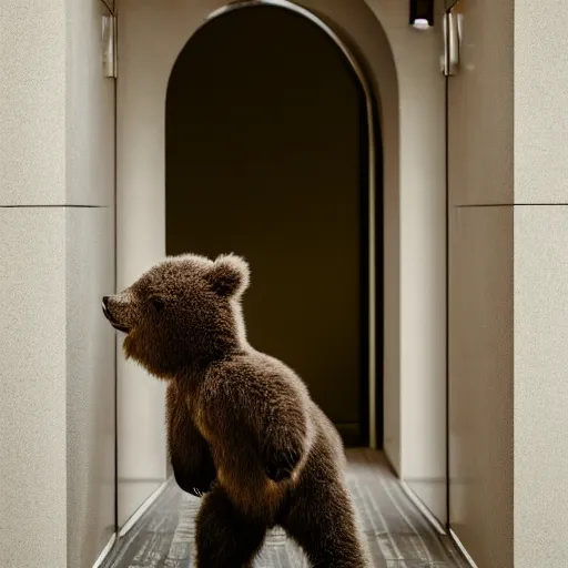 Prompt: photograph of a small bear mascot with a spotlight on him walking through a large doorway