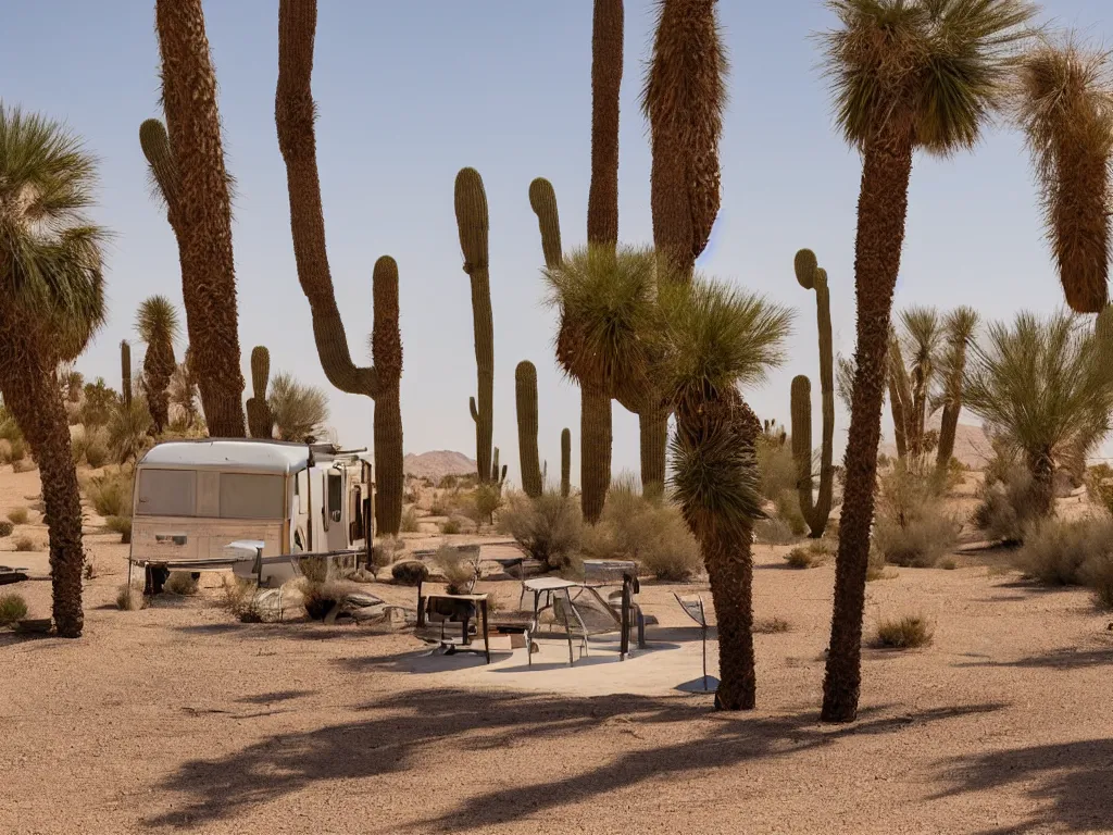 Image similar to Trailer park landscape in the desert near the oasis in style of Alison Elizabeth Taylor