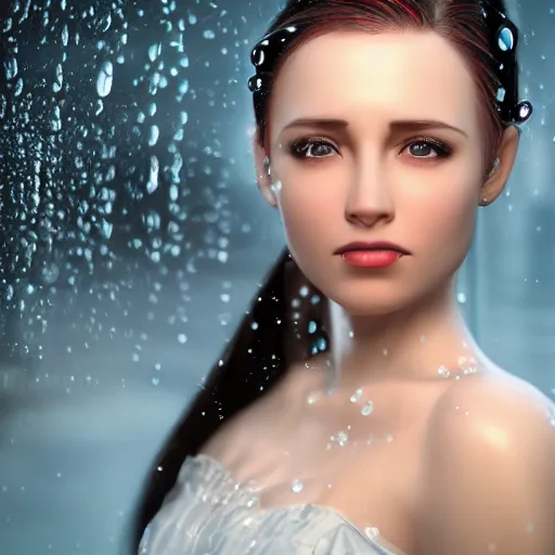 Prompt: a beautiful girl with long blue ponytail, bangs, pale skin, wearing red formal attire, highly detailed, 8 k, octane render, professional portrait, realistic oil painting, rainy window, water droplets frozen in time, god rays,