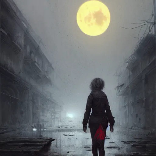 Image similar to A portrait of a gray eye girl, ruins of a destroyed city and a yellow-red full moon on background, techwear, dark, rainy atmosphere, natural volumetric light, intricate, highly detailed, digital painting, concept art, sharp focus, illustration, art by greg rutkowski, matte painting, trending on artstation