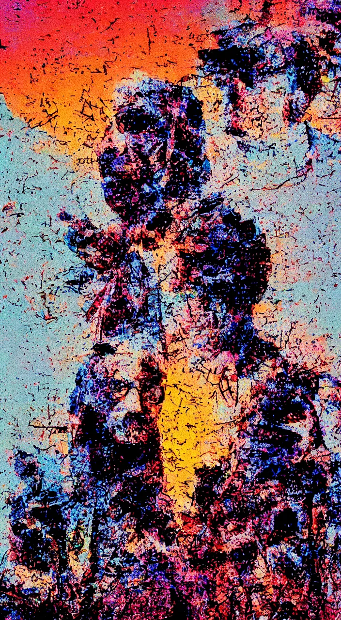 Image similar to pixel sorting in the style of ralph steadman, gearlord digital celluar automata, vivid dusk sunlight, color film grain, ultra realistic