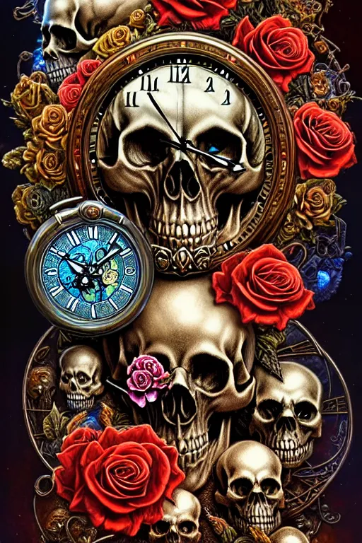 Prompt: intricate skulls and roses clocks james gurney, dan luvisi, Petros Afshar, tim hildebrandt, liam wong, Mark Riddick, thomas kinkade, ernst haeckel, dan mumford, trending on artstation, josephine wall, WLOP, cgsociety by Gediminas Pranckevicius, trending on cgsociety and DeviantArt