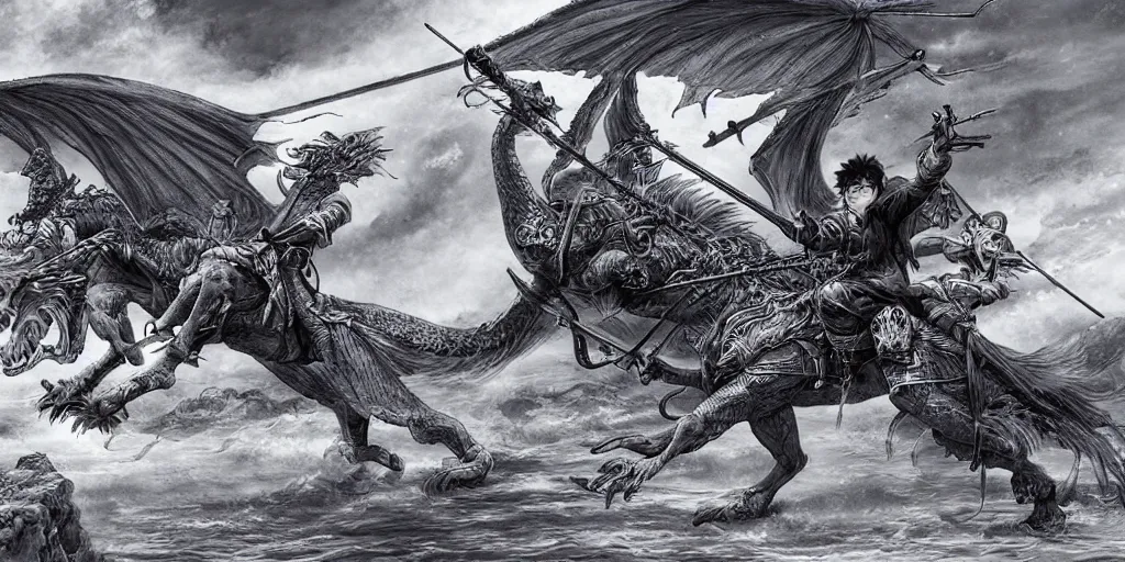 Image similar to korean archer shooting a dragon. the moon is in the sky. there is a river. dark fantasy. high resolution. detailed. digital art. dark fantasy. kentaro miura.