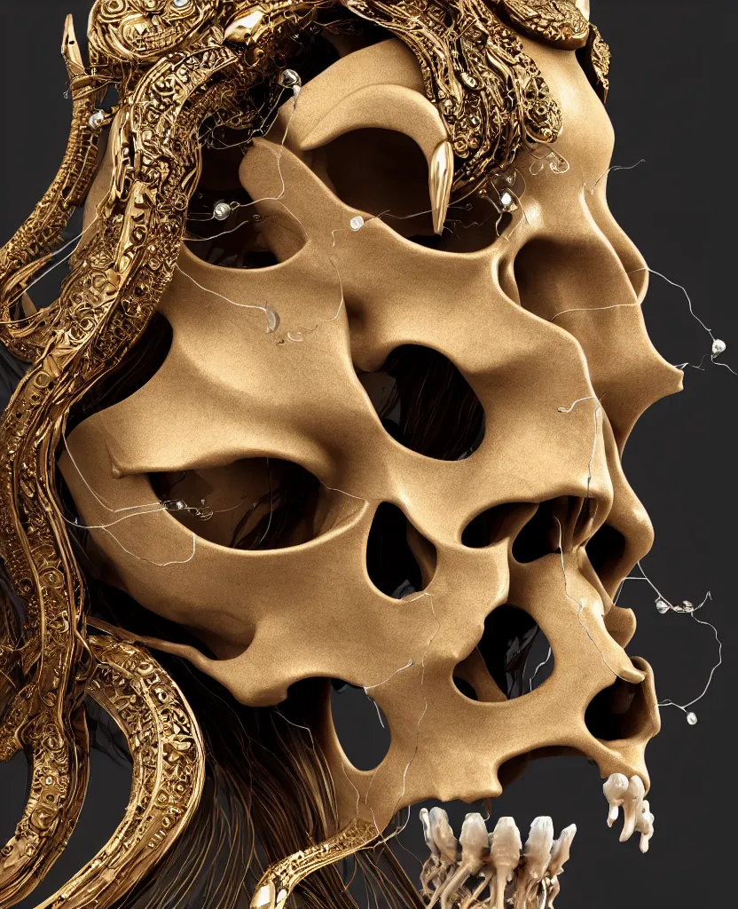 Image similar to goddess princess face close-up portrait ram skull. sculpture made of black clay and gold. jellyfish phoenix head, nautilus, orchid, skull, betta fish, bioluminiscent creatures, intricate artwork by Tooth Wu and wlop and beeple. octane render, trending on artstation, greg rutkowski very coherent symmetrical artwork. cinematic, hyper realism, high detail, octane render, 8k