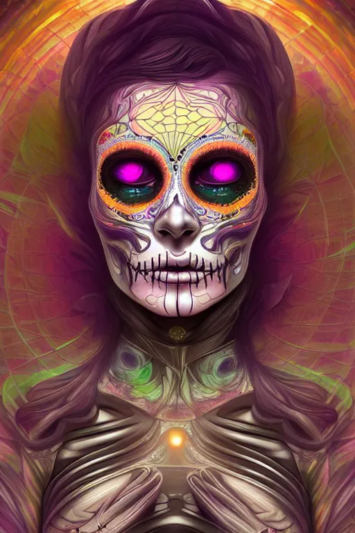 Prompt: ultra detailed female android deity, eyes closed, 8 k, flowerpunk, psychedelic vector art, digital painting, sci - fi, fantasy, moody, calm, ( dia de los muertos ), asymmetrical, concept art, art by artgerm and giger and michael welan and alphonse mucha and loish and wlop