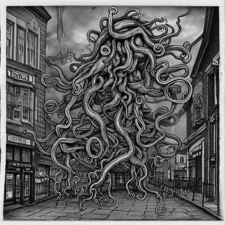 Image similar to evil eldritch smoke and tendril monsters in a typical english high street. terrified people running and screaming. polaroid. photorealistic. highly detailed