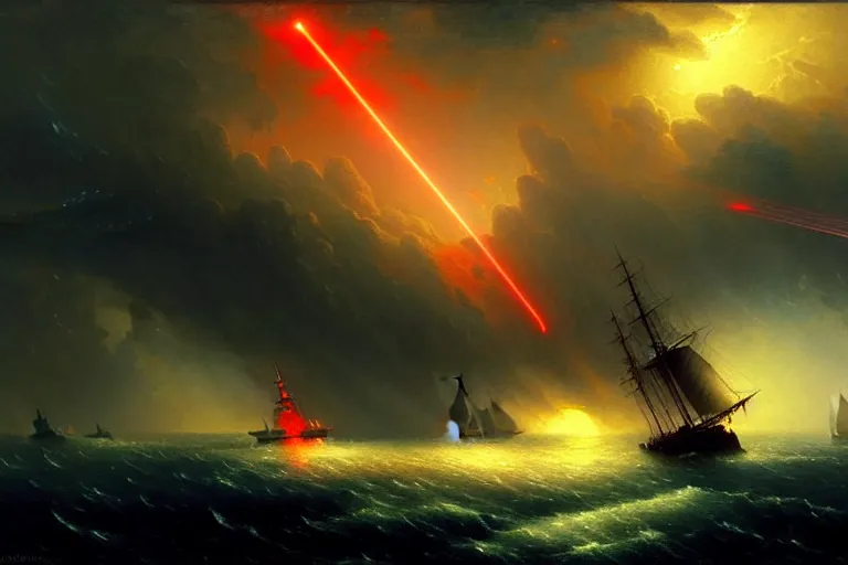 Image similar to A beautiful matte painting of huge alien spaceship attacking with powerful red lasers a Sailship in ocean in thunderstorm by Greg Rutkowski and Ivan aivazovsky