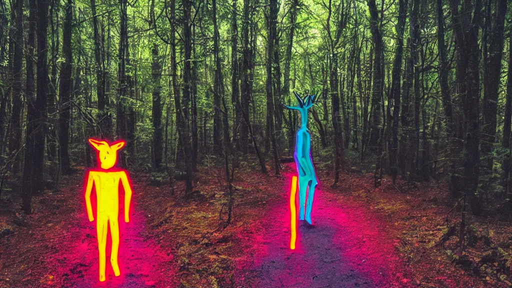 Image similar to psychedelic neon wendigo walking down a trail in the forest