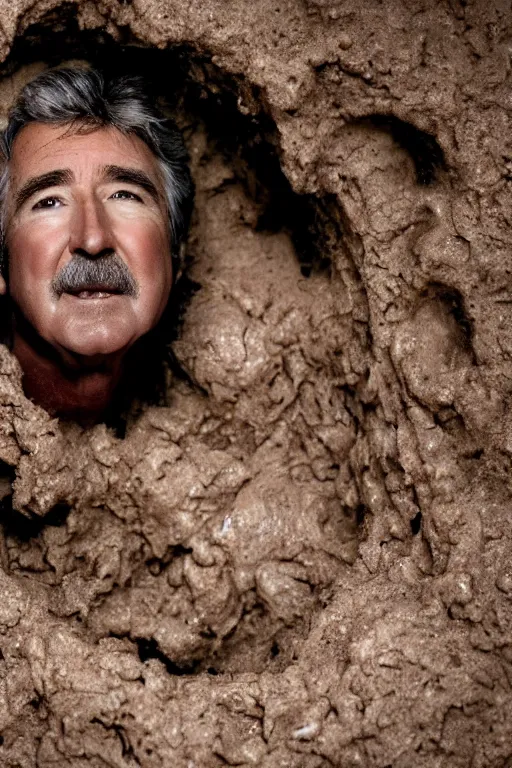 Image similar to cinematic still randy mantooth covered in mud emerging from inside a giant hole made of flesh, 4 k, dramatic lighting