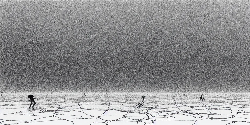 Prompt: grainy risograph matte painting of electric hooverboards flying over ice, a lot of mirror screens around, foggy, сovered web and cotton, by moebius, hyperrealism, intricate detailed