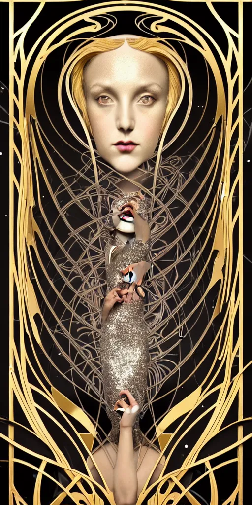 Prompt: the source of future growth dramatic, elaborate emotive Art Nouveau styles to emphasise beauty as a transcendental, seamless pattern, symmetrical, large motifs, 8k image, supersharp, metallic reflective surfaces, glittery iridescent and black colors with gold accents, perfect symmetry, iridescent, pearlescent, High Definition, sci-fi, Octane render in Maya and Houdini, light, shadows, reflections, photorealistic, masterpiece, smooth gradients, high contrast, 3D, no blur, sharp focus, photorealistic, insanely detailed and intricate, cinematic lighting, Octane render, epic scene, 8K