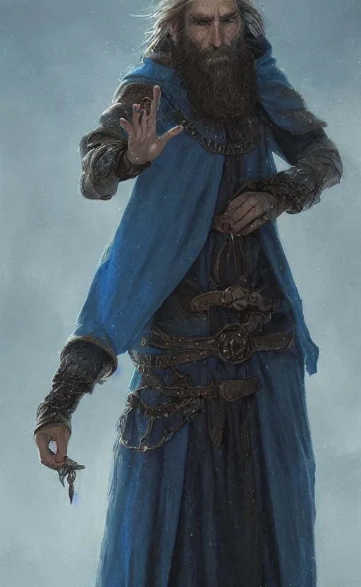 Image similar to portrait of a middle - aged elf, very long beard, dressed in a blue cloak, greyish brown hair, raised hand, clock iconography, detailed face, fantasy, highly detailed, cinematic lighting, digital art painting by greg rutkowski