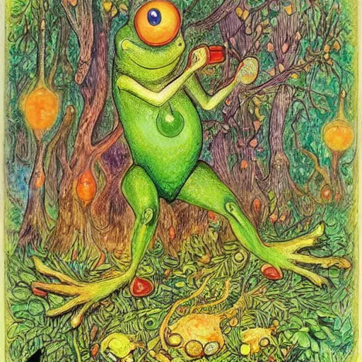 Image similar to a green frog-like genie ready to grant wishes deep in the forest, fantasy illustration, Louis wain