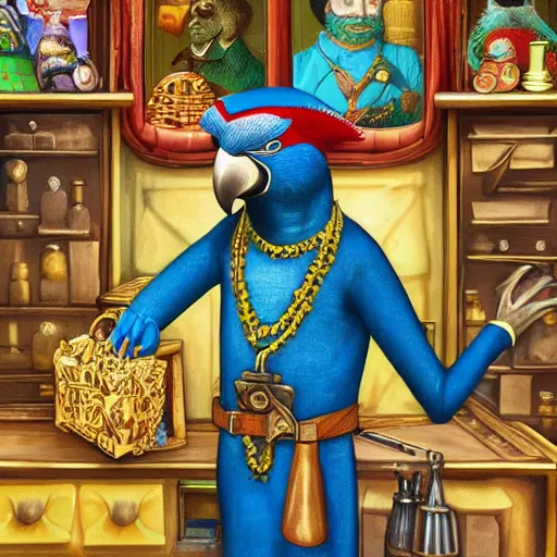 Image similar to A Anthropomorphized parrot trader in his shop, selling his wares, portrait, items, gold, carpet, window, sly expression, cunning expression, presenting wares, holding a gold bag, D&D, fantasy, intricate, cinematic lighting, highly detailed, digital painting, artstation, concept art, smooth, sharp focus, illustration, warm light, magic the gathering artwork, art by Akihiko Yoshida, Greg Rutkowski