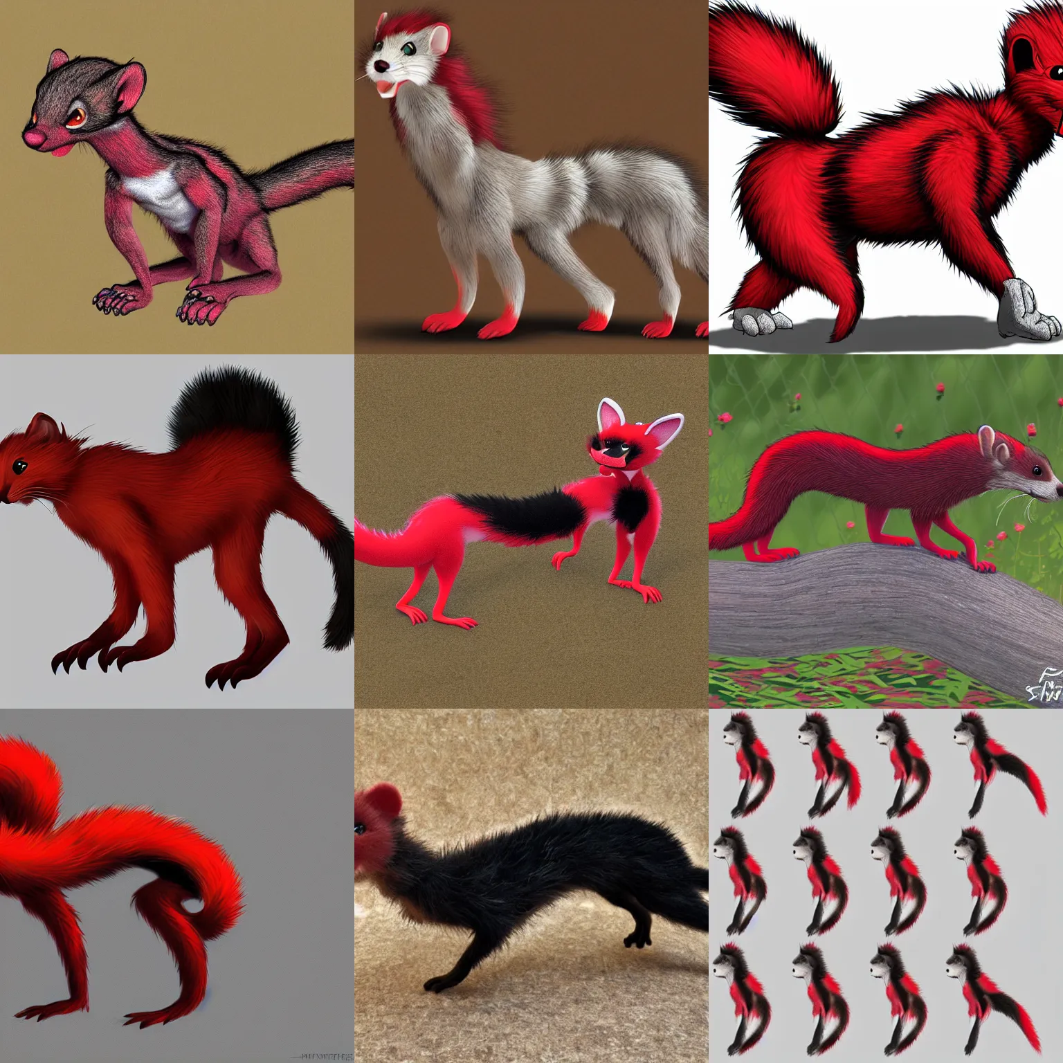 Prompt: visual static, photorealistic male body weasel furry ( red & black ) fursona, attached tail